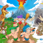 Joe und Mac rennen mit Keulen durch eine farbenfrohe Urzeitlandschaft voller Dinosaurier