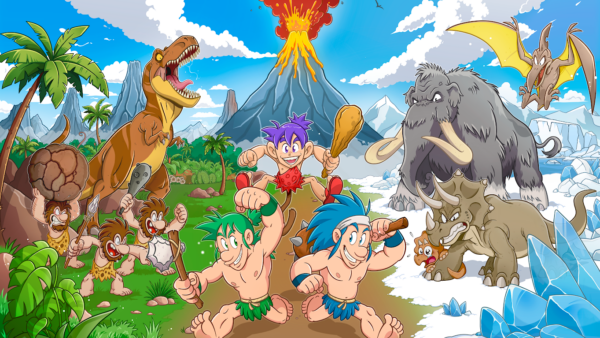 Joe und Mac rennen mit Keulen durch eine farbenfrohe Urzeitlandschaft voller Dinosaurier