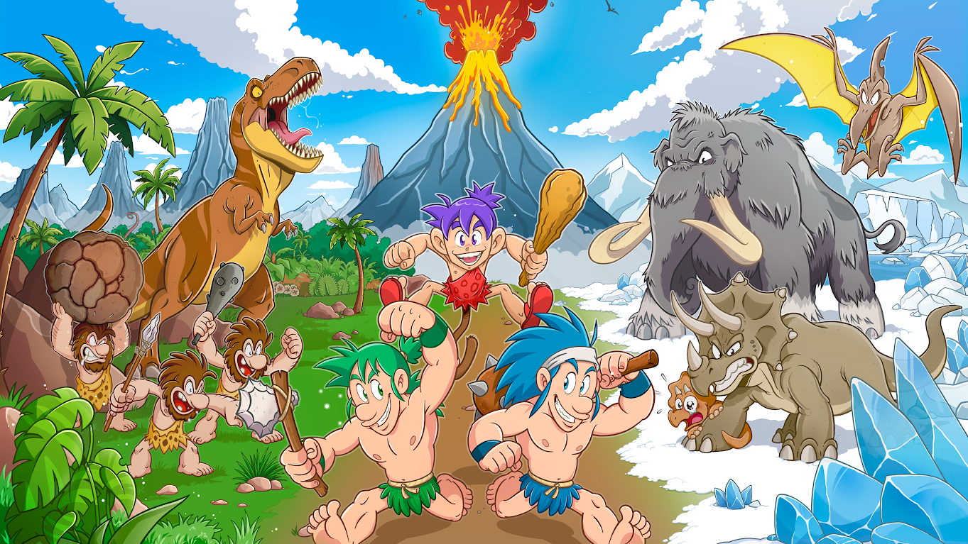Joe und Mac rennen mit Keulen durch eine farbenfrohe Urzeitlandschaft voller Dinosaurier