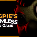 Mr Magpie blickt neben dem Schriftzug von Mr Magpie’s Harmless Card Game in die Kamera