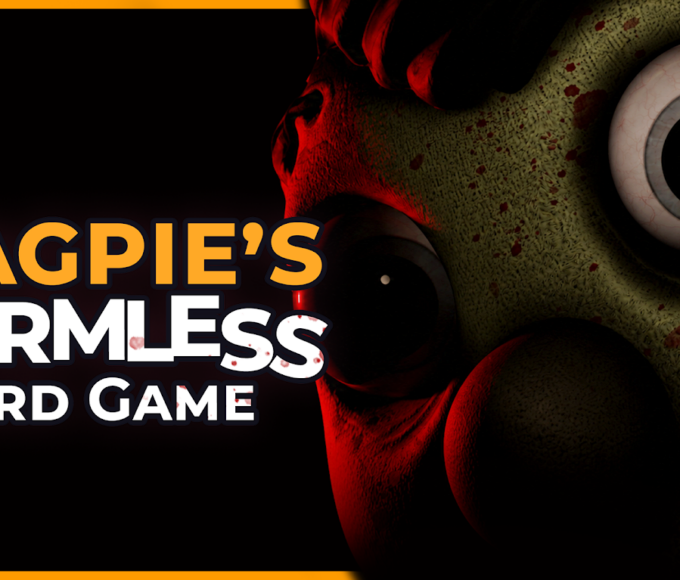 Mr Magpie blickt neben dem Schriftzug von Mr Magpie’s Harmless Card Game in die Kamera