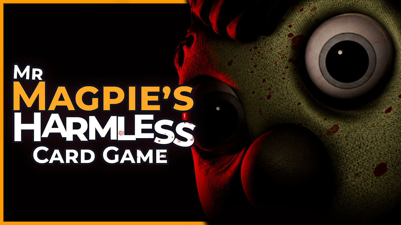 Mr Magpie blickt neben dem Schriftzug von Mr Magpie’s Harmless Card Game in die Kamera