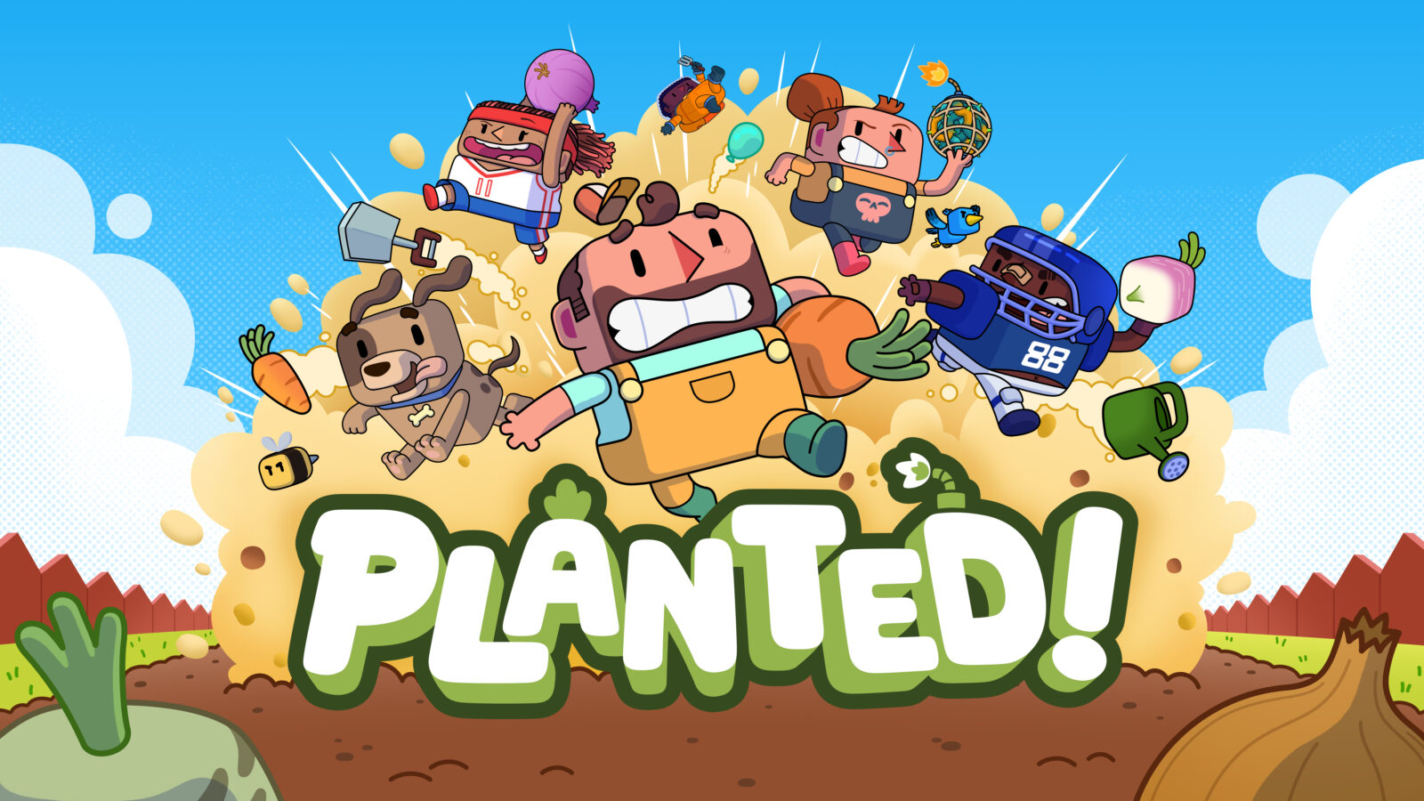 Bunte Spielfiguren schleudern Gemüse im offiziellen Keyart von Planted!