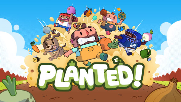 Bunte Spielfiguren schleudern Gemüse im offiziellen Keyart von Planted!