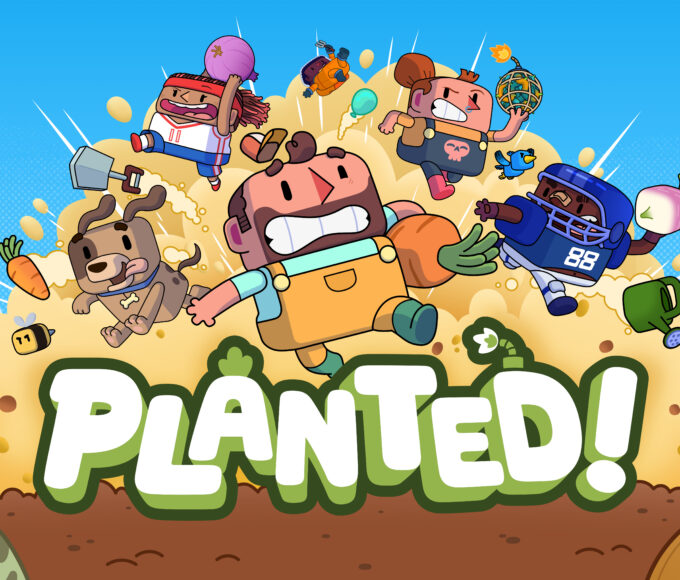 Bunte Spielfiguren schleudern Gemüse im offiziellen Keyart von Planted!