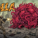 Das rosa Fleischmonster ROLLA rollt durch eine zerstörte Stadt und wird von einem Soldaten beschossen
