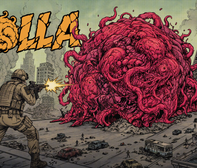 Das rosa Fleischmonster ROLLA rollt durch eine zerstörte Stadt und wird von einem Soldaten beschossen