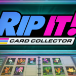 Das Logo von Rip It! Card Collector über einem geöffneten Sammelkartenalbum