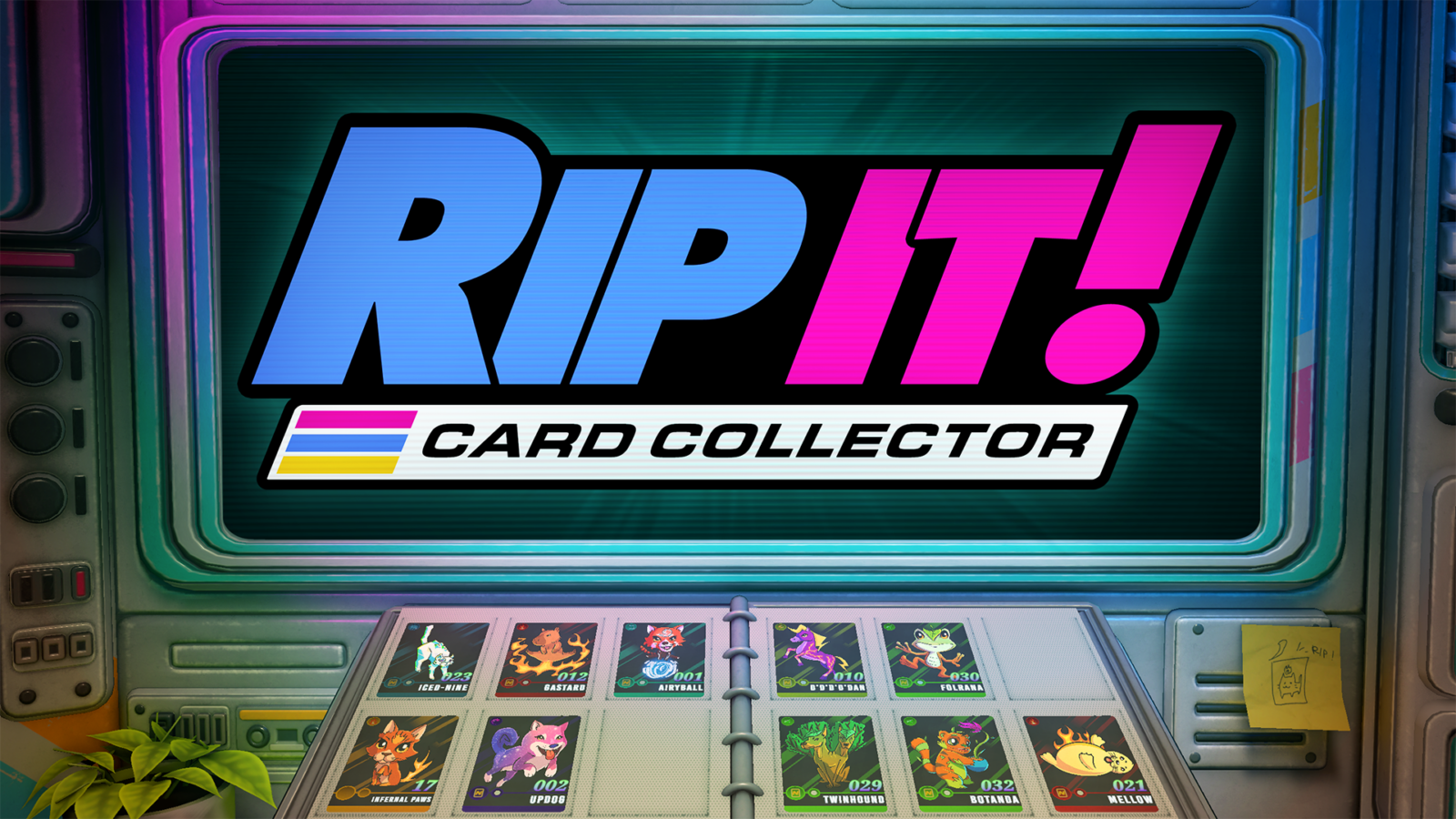 Das Logo von Rip It! Card Collector über einem geöffneten Sammelkartenalbum