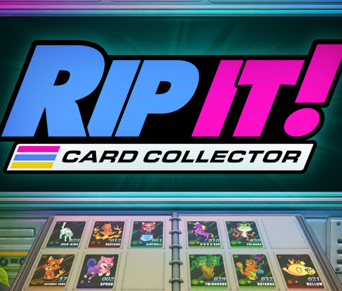 Das Logo von Rip It! Card Collector über einem geöffneten Sammelkartenalbum