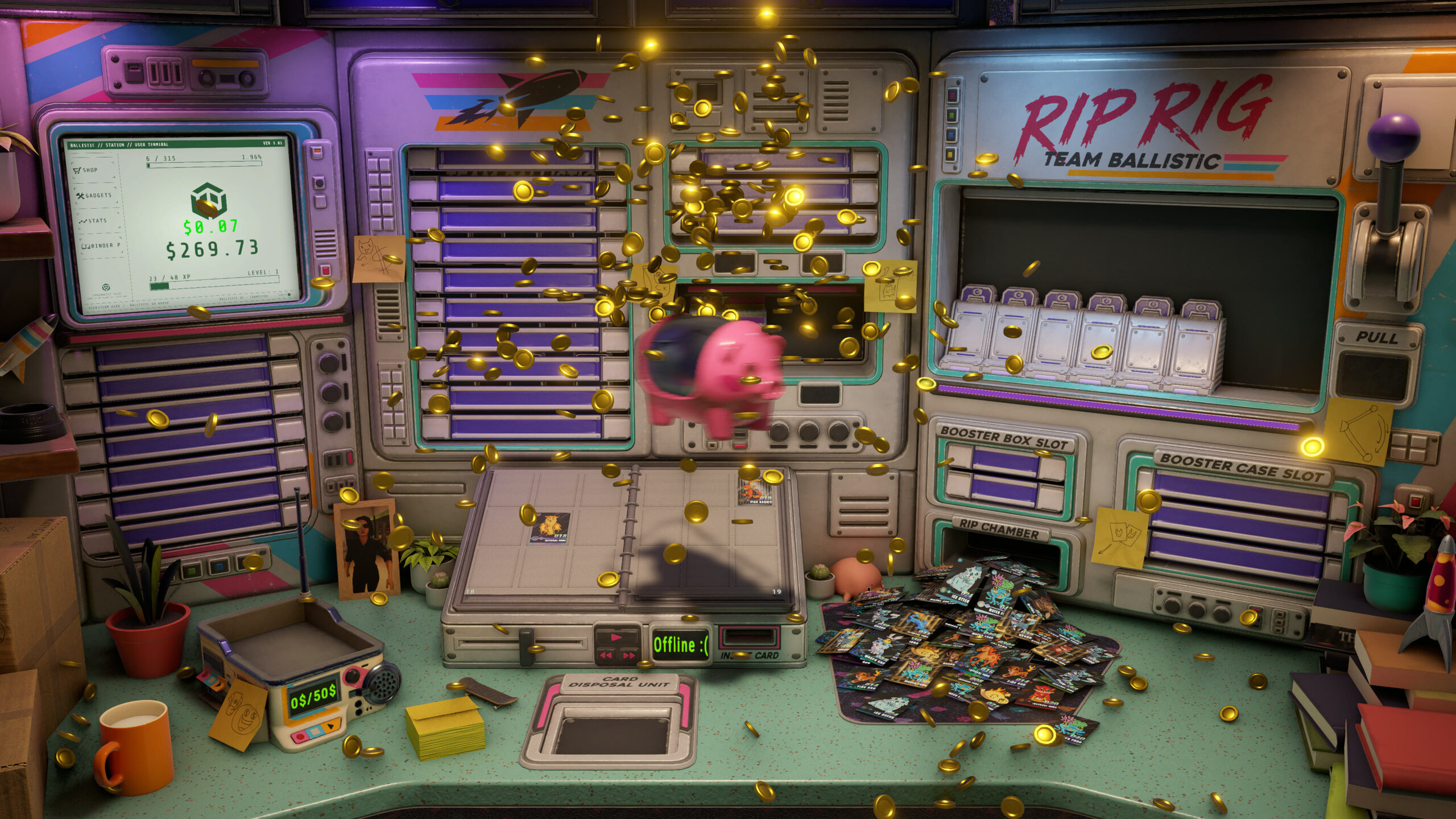 Die aufgerüstete Rip-Rig-Maschine von Rip It! Card Collector schleudert Münzen über den Arbeitstisch