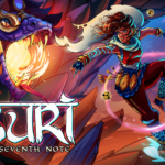 Ajira springt vor einem riesigen Schlangenwesen, daneben das Logo von SURI: The Seventh Note
