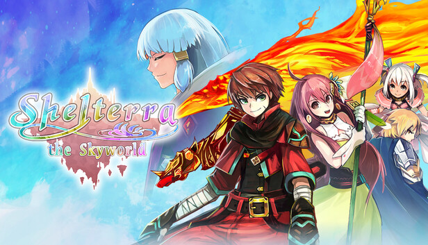Steam-Capsule zu Shelterra the Skyworld mit Logo und fünf Fantasy-Figuren vor Himmel und Flammen