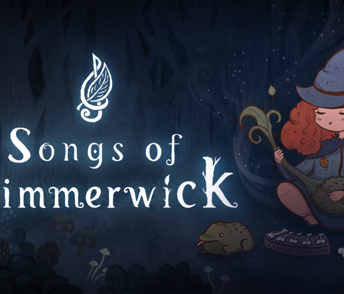 Keyart zu Songs of Glimmerwick mit einer jungen Zauberin, Instrumenten und Spieltitel