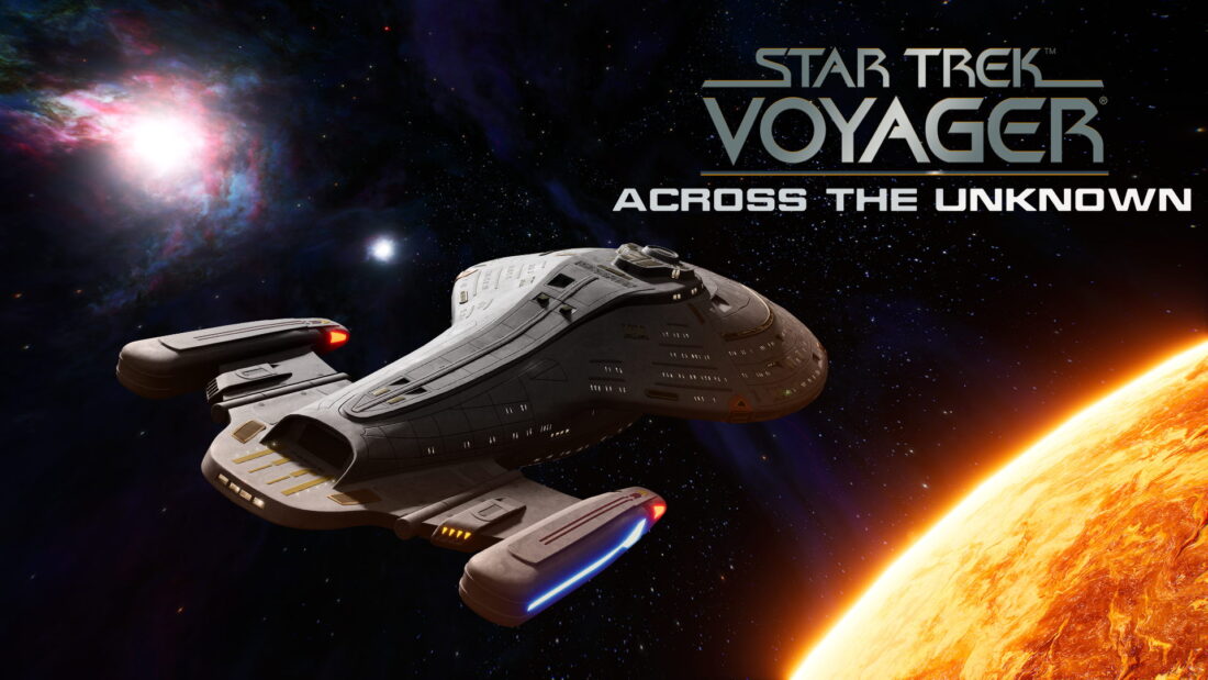 Die U.S.S. Voyager fliegt in Star Trek: Voyager - Across the Unknown durch ein Sternensystem
