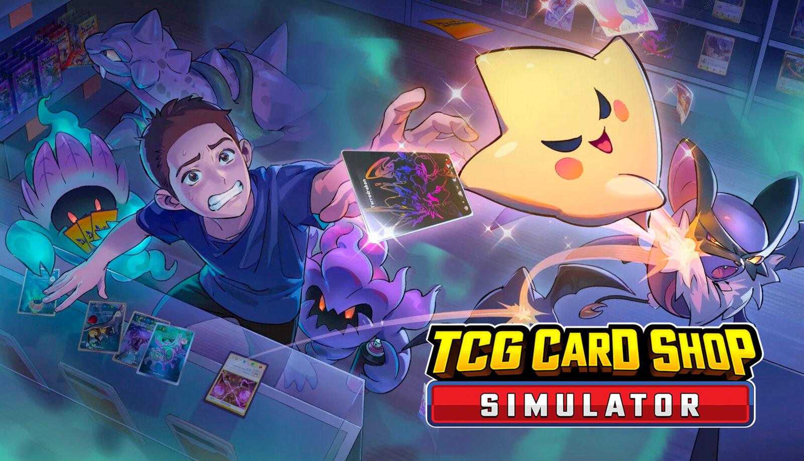 Halloween-Keyart zu TCG Card Shop Simulator mit Geisterkarten und Spielbranding