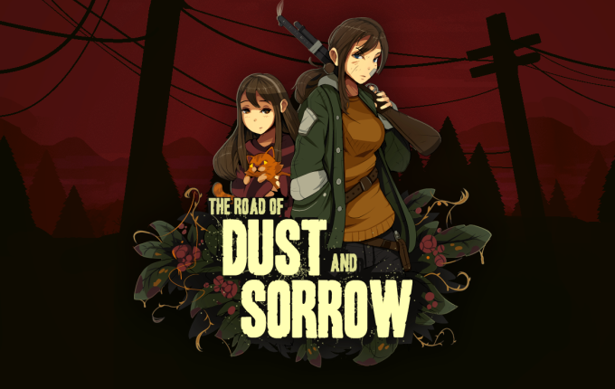 Katherine und Ava stehen vor einer roten Endzeitlandschaft, darunter das Logo von The Road of Dust and Sorrow