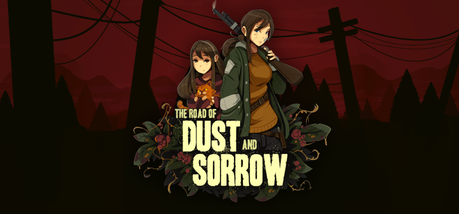 Katherine und Ava stehen vor einer roten Endzeitlandschaft, darunter das Logo von The Road of Dust and Sorrow