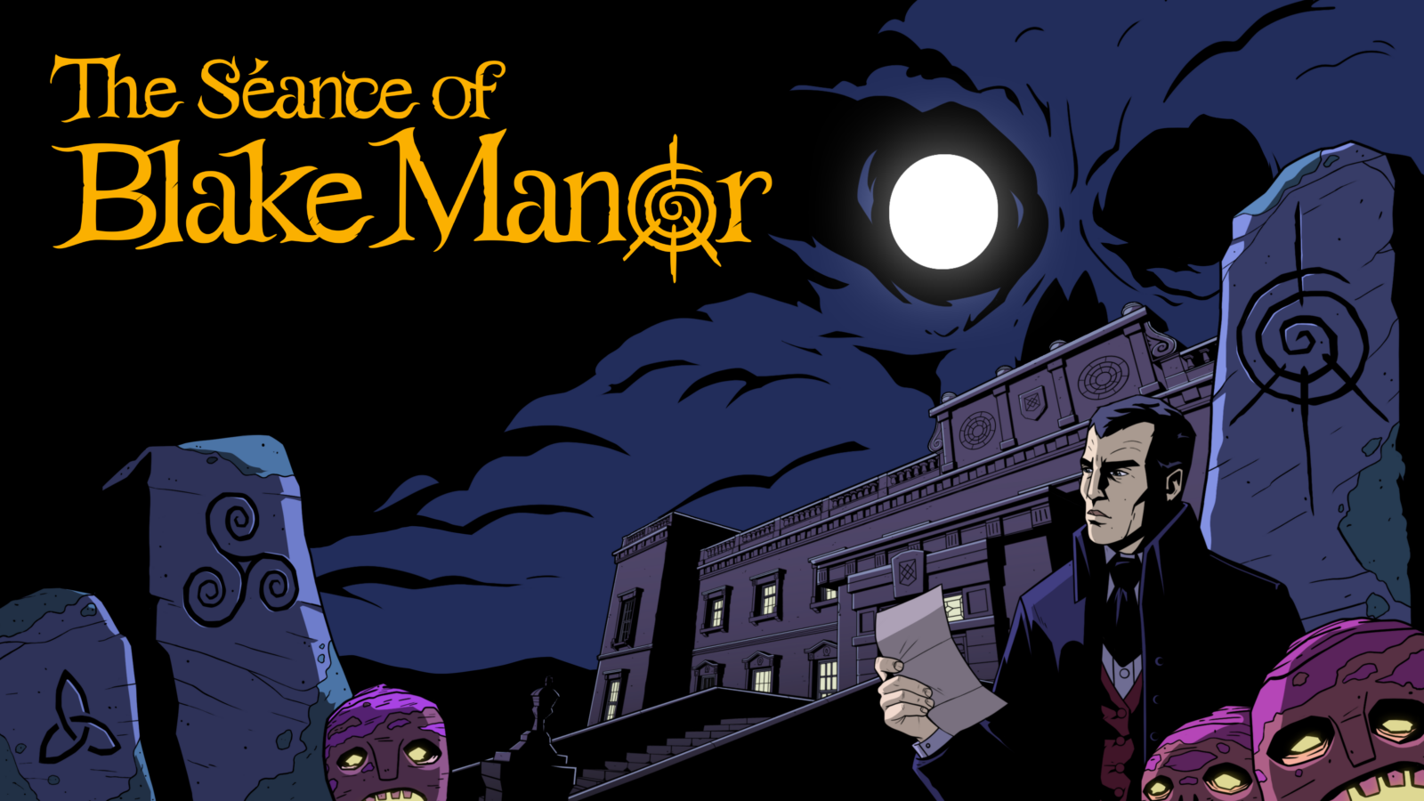 Keyart zu The Séance of Blake Manor mit Ermittler vor dem viktorianischen Herrenhaus