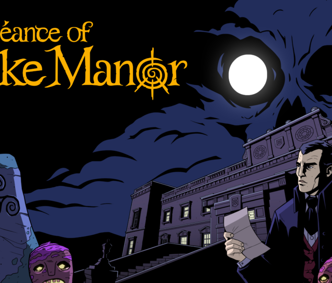 Keyart zu The Séance of Blake Manor mit Ermittler vor dem viktorianischen Herrenhaus