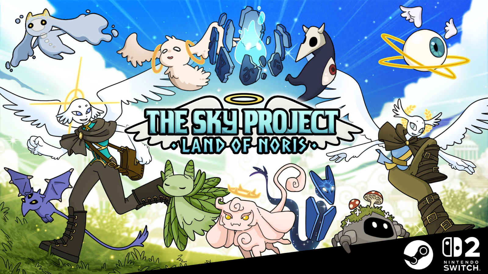 Keyart zu The Sky Project: Land of Noris mit Kael, Aeris und mehreren Noris