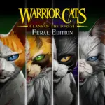 Vier Katzen aus Warrior Cats: Clans of the Forest stehen sich im Wald gegenüber