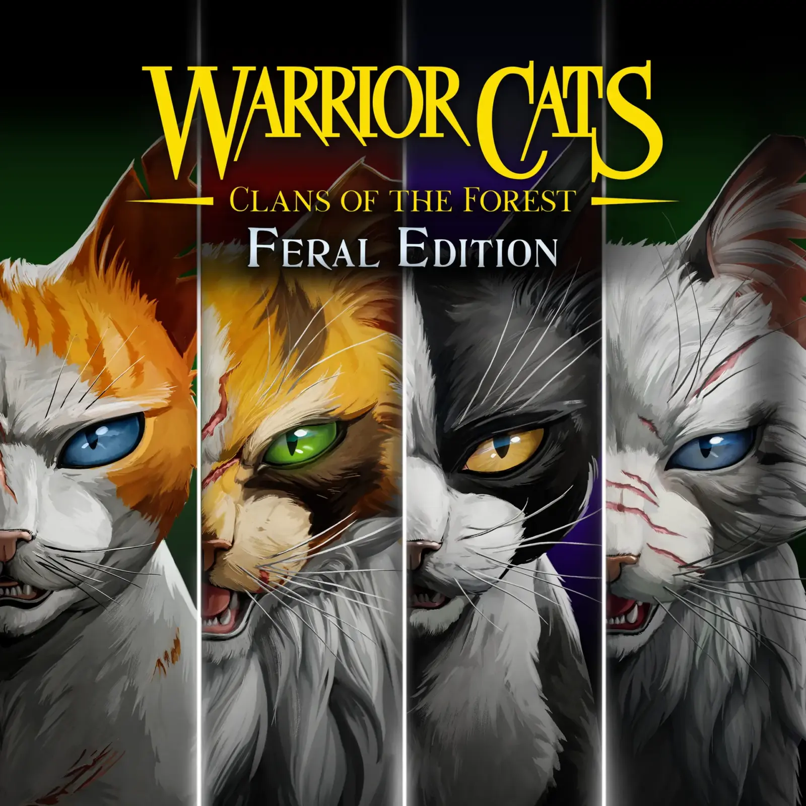 Vier Katzen aus Warrior Cats: Clans of the Forest stehen sich im Wald gegenüber