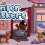 Winter-Whiskers-Keyart mit dem Hermelin beim Schneeräumen in Winterlight Harbor
