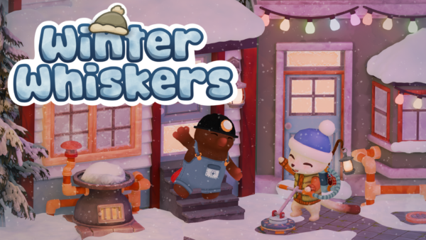 Winter-Whiskers-Keyart mit dem Hermelin beim Schneeräumen in Winterlight Harbor