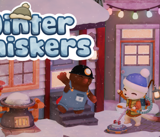 Winter-Whiskers-Keyart mit dem Hermelin beim Schneeräumen in Winterlight Harbor